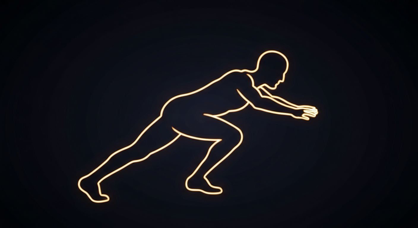 A glowing, neon outline of a person performing a dynamic bodyweight exercise, conveying the energy and movement of short bursts of activity.