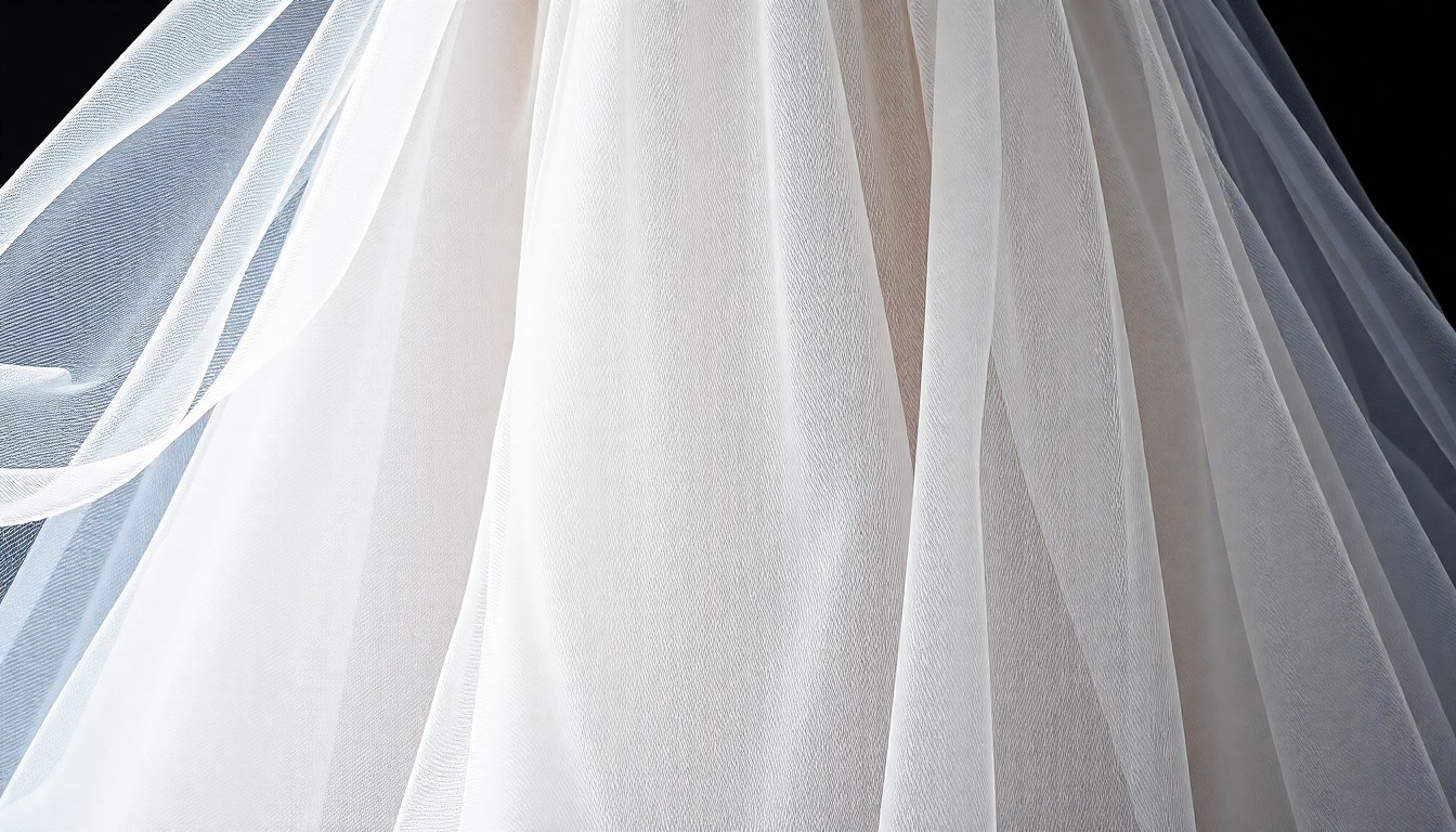 An abstract close-up photograph of a luxurious, textured wedding gown fabric with flowing silk threads, captured in a high-contrast, glamorous studio lighting setup to evoke a sense of high fashion and artistic expression.