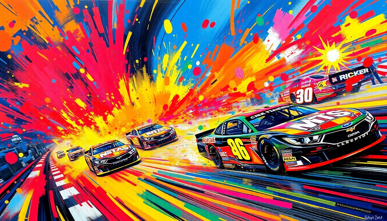 An abstract, expressionist painting in vibrant neon colors, featuring blurred and fragmented images of stock cars racing around a track, conveying the raw energy and unpredictability of the ARCA Menards Series event.