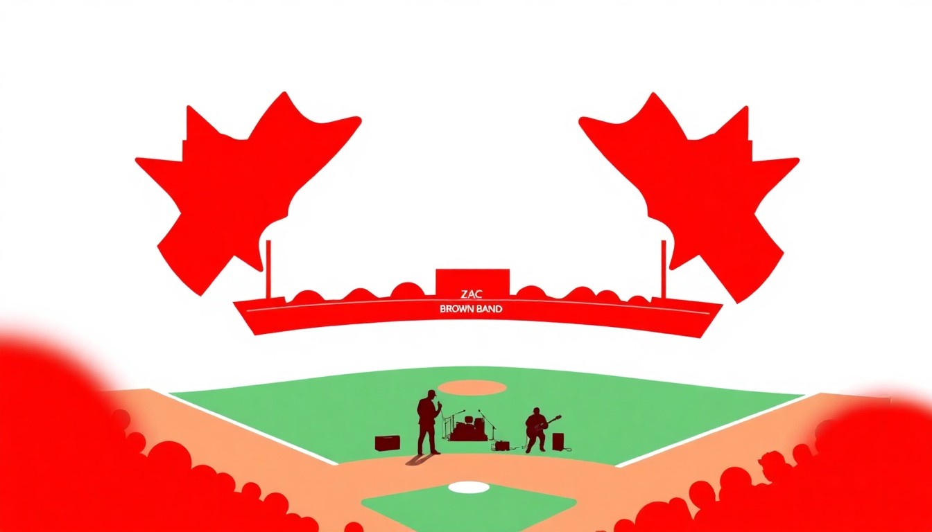 A dramatic black silhouette of the Zac Brown Band performing on a baseball diamond, with bold geometric shapes and high-contrast colors creating an abstract, minimalist composition.