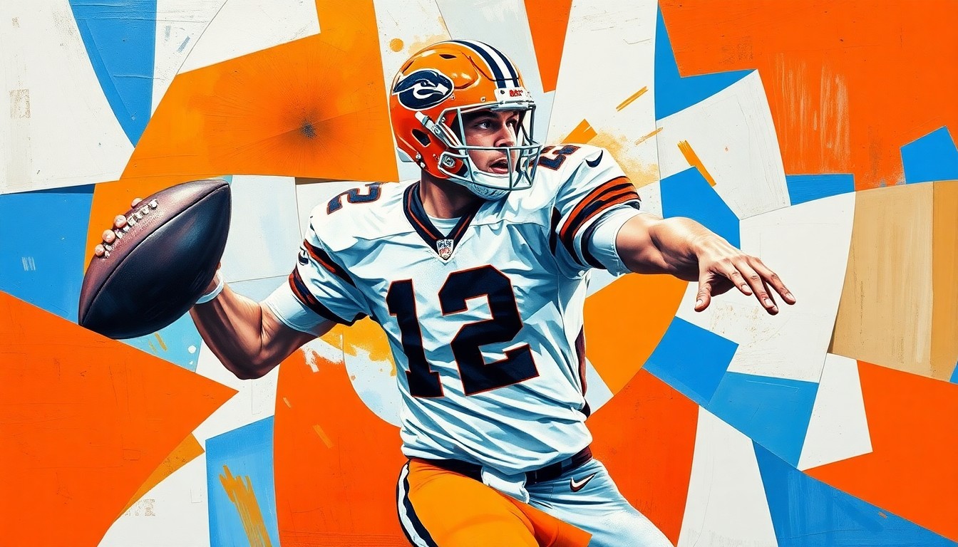 A fragmented, geometric painting depicting a college football quarterback in action, with sharp, overlapping shapes and planes in vibrant colors representing the sport's energy and complexity.