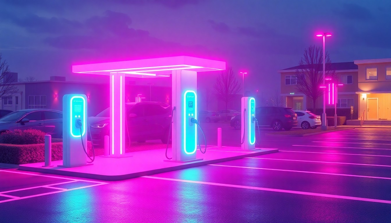 A highly detailed, glowing 3D illustration of an electric vehicle charging station in a municipal parking lot, with neon cyan and magenta lights highlighting the charging ports and surrounding infrastructure. The scene conveys a sense of advanced, sustainable energy powering the town's transportation future.