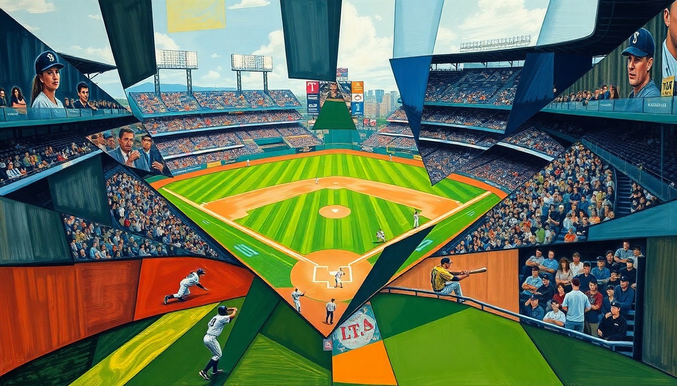 A fractured, multi-perspective painting in the style of Pablo Picasso, breaking a baseball game down into sharp, overlapping geometric planes that capture the tension and energy of the close contest.