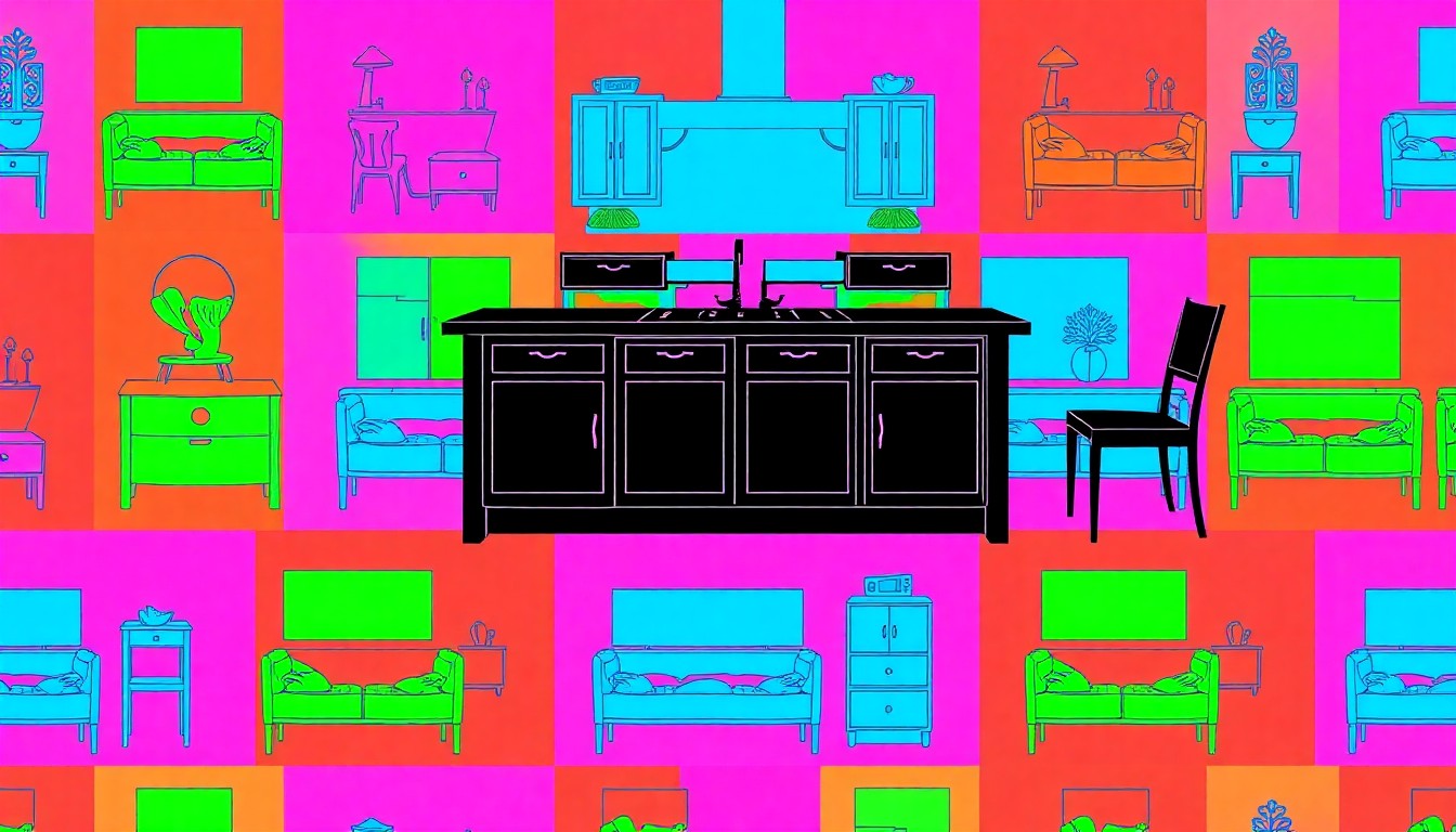 A vibrant, high-contrast silkscreen print featuring a repeated image of a kitchen island in a bold red color, conceptually representing the fusion of traditional and modern design elements within this Somerset country home.