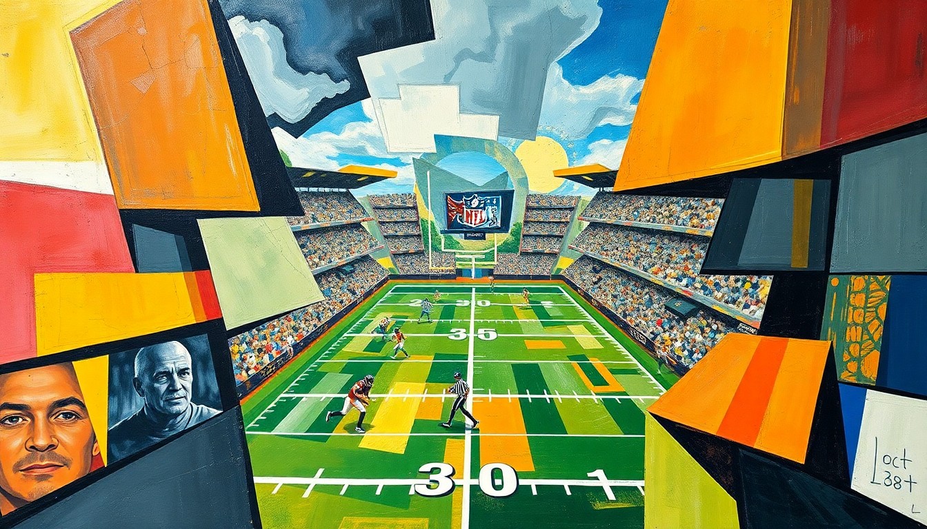 A cubist-style painting featuring overlapping geometric shapes and planes in shades of blue, green, and orange, representing the various elements of the NFL Draft process and the Bengals' approach to it.