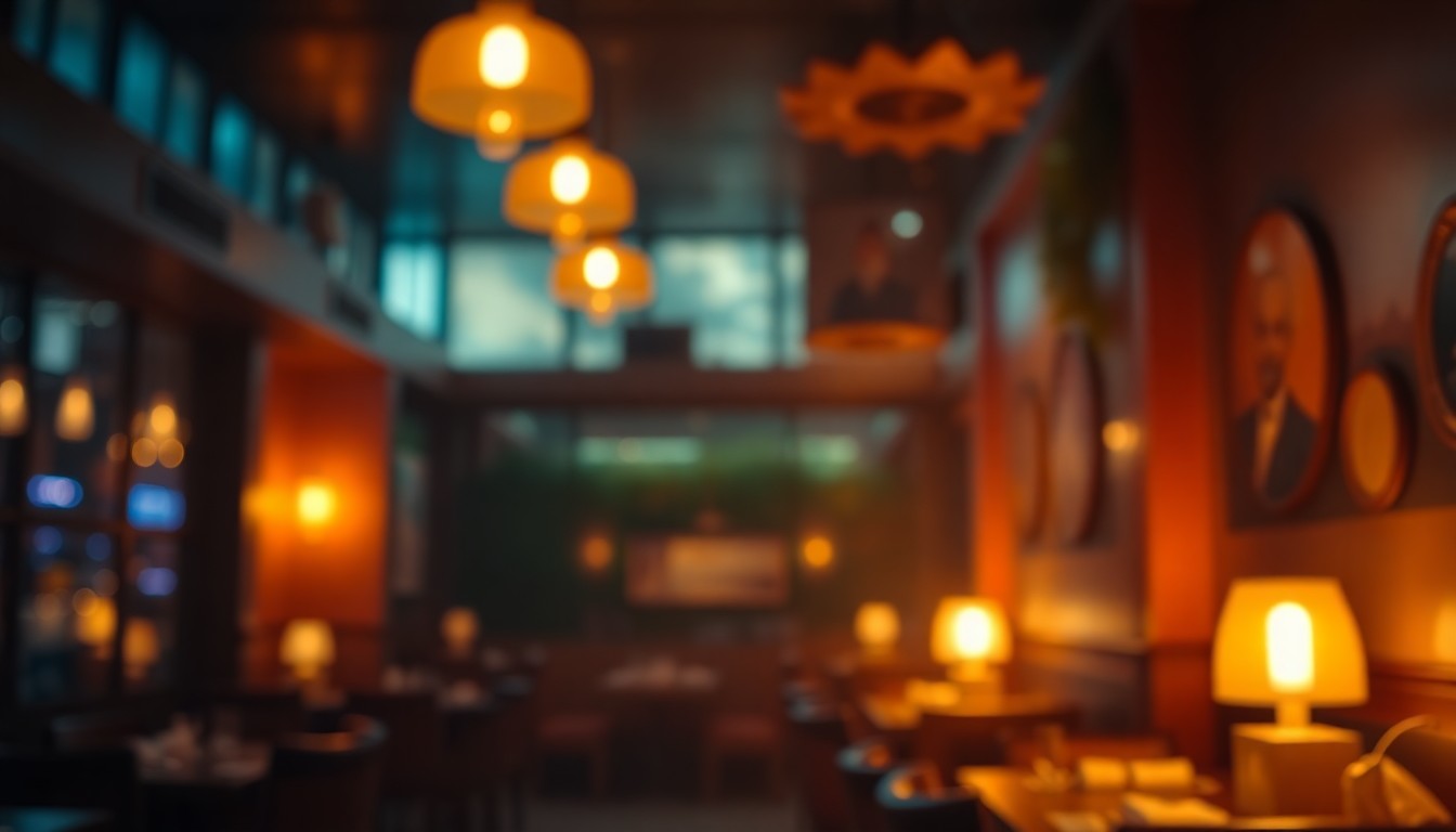 An abstract, impressionistic photograph of a dimly lit restaurant interior, with warm pools of light and color creating a cozy, inviting atmosphere.