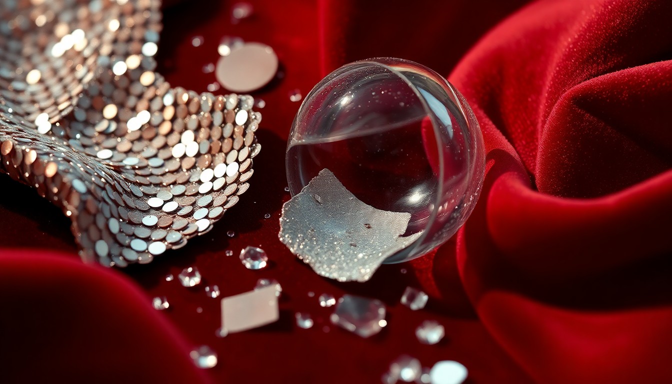 An extreme close-up photograph showcasing the luxurious, high-contrast textures of sequins, shattered glass, and velvet, capturing the glamorous aesthetic of the Coachella music festival.