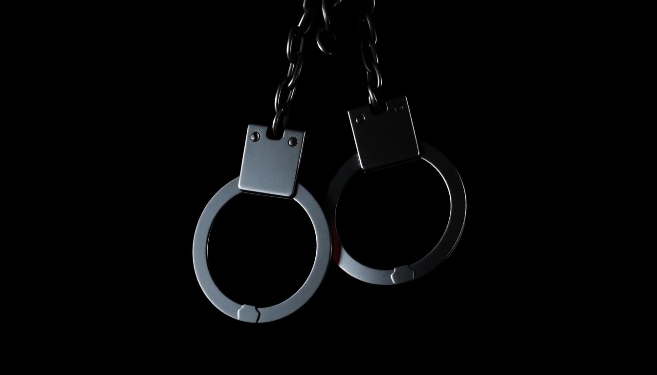 An extreme close-up of a pair of handcuffs, the metal reflecting a harsh, direct flash of light against a dark background, conceptually representing the arrest of a teacher accused of sexual misconduct.