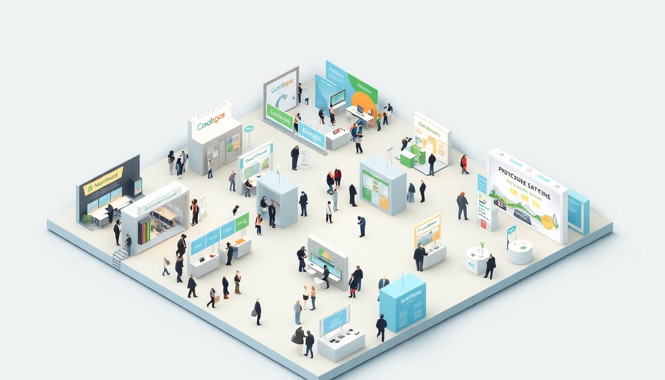A miniature, stylized 3D digital illustration depicting an isometric view of a bustling business expo floor with various booths, displays, and attendees, rendered in a clean, modern color palette of soft pastel blues, greens, and grays with smooth matte textures and bold geometric shapes.