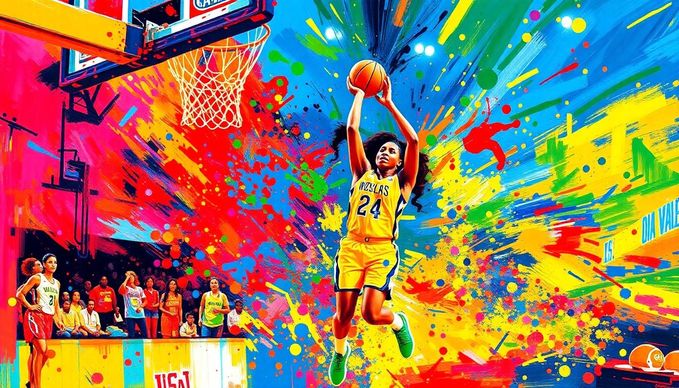 An abstract expressionist painting in neon colors, with rapid brushstrokes capturing the dynamic movements and energy of a WNBA basketball game, the players' forms dissolving into vibrant splashes of paint.
