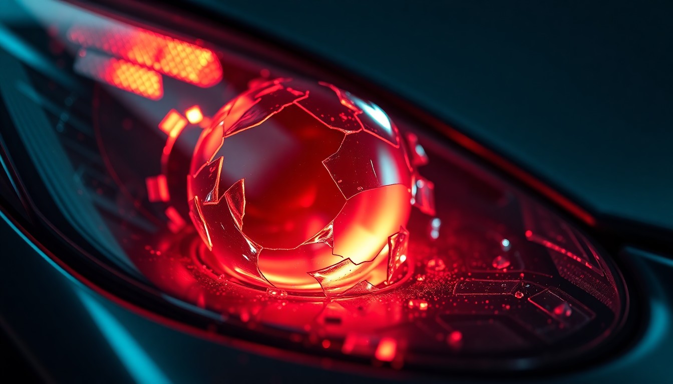 An extreme close-up of a shattered car sensor lens reflecting a faint red light, conceptually illustrating the vandalism of self-driving cars.