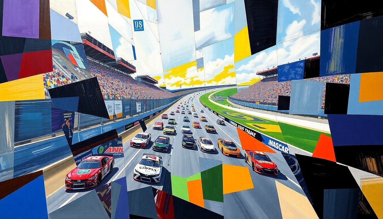 A cubist, geometric painting depicting the high-speed action of a NASCAR race at Bristol Motor Speedway, with the cars and track broken down into sharp, overlapping planes of color and form.