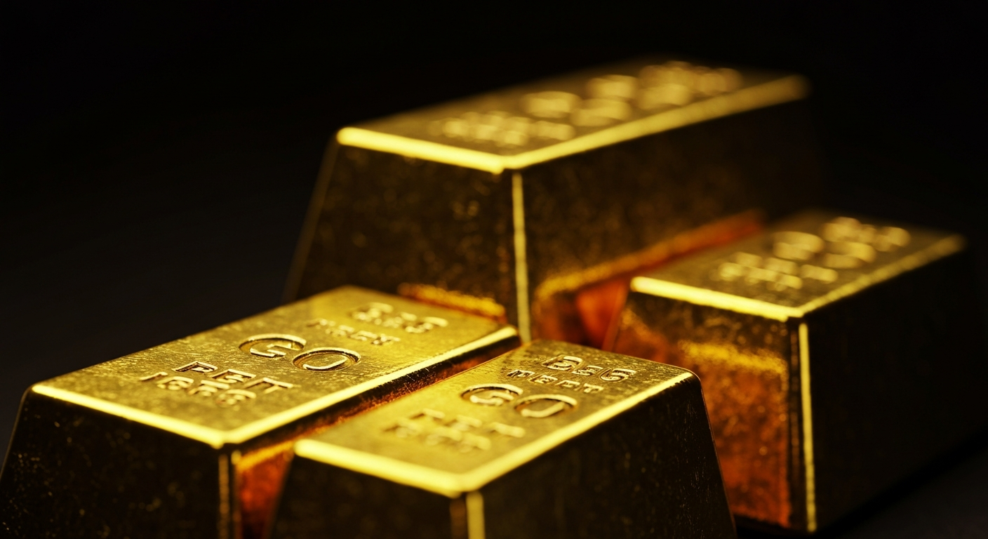 An extreme close-up of gleaming, heavy gold bullion bars stacked in rows, representing the tangible weight and value of the precious metal as a safe-haven investment during times of economic and geopolitical turmoil.