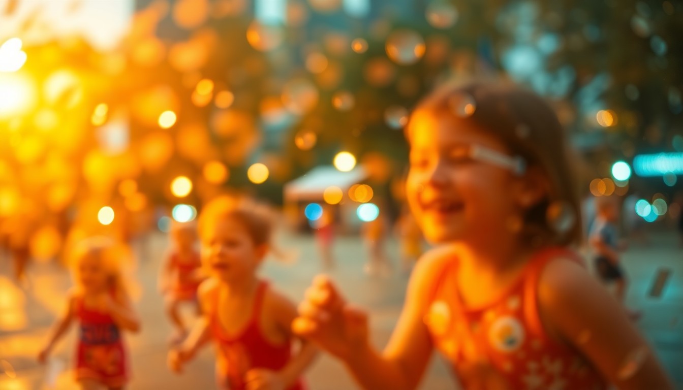 An abstract, out-of-focus scene of children playing in a park, with soft, warm pools of color and light creating a dreamlike, atmospheric mood.