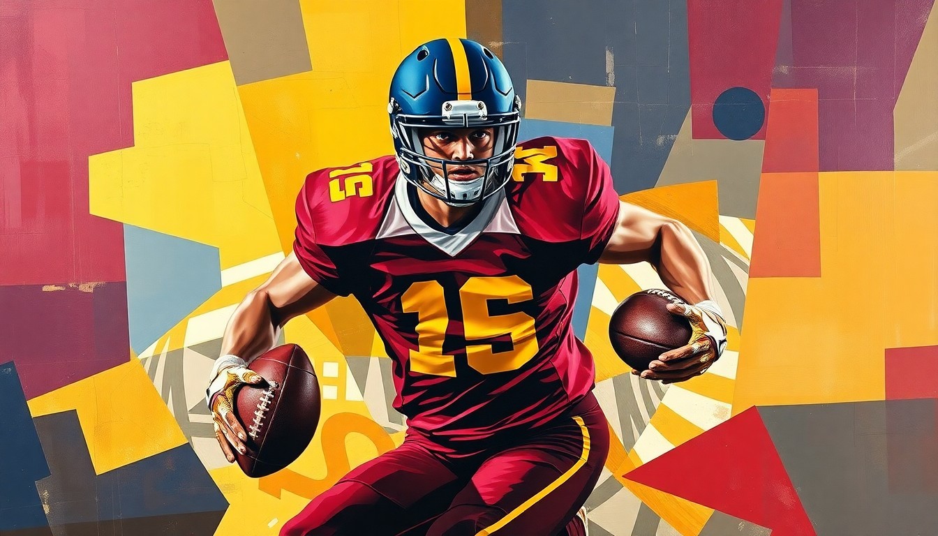 A cubist, geometric illustration depicting a high school football player in motion, with sharp, overlapping planes of maroon, gold, and navy blue representing the University of Minnesota colors.