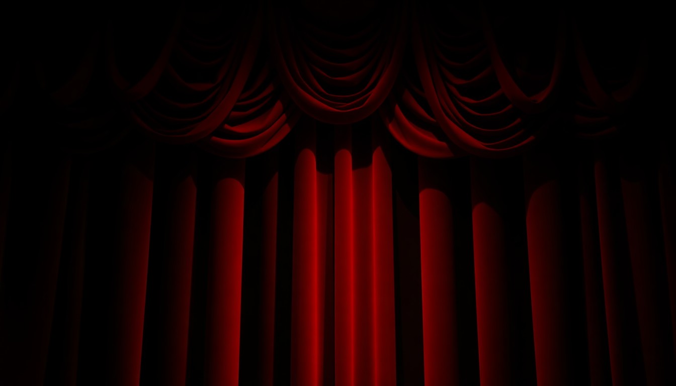 An extreme close-up photograph of rich, plush red velvet theater curtains, capturing the glamorous and high-end aesthetic of a premier performance venue.