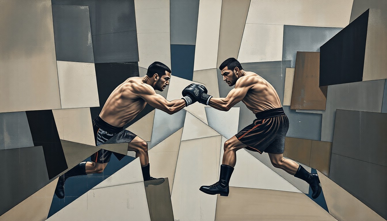 A fragmented, cubist-style painting depicting the chaotic action of a heavyweight boxing match, with sharp geometric shapes and planes of muted colors representing the intensity and uncertainty of Deontay Wilder's comeback bid.