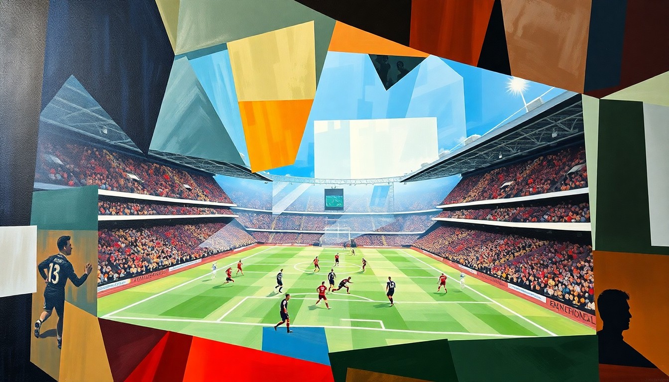 A cubist, geometric illustration depicting the action and energy of a Premier League football match between Arsenal and Brentford, with the players and the field of play fragmented into sharp, overlapping shapes and planes.