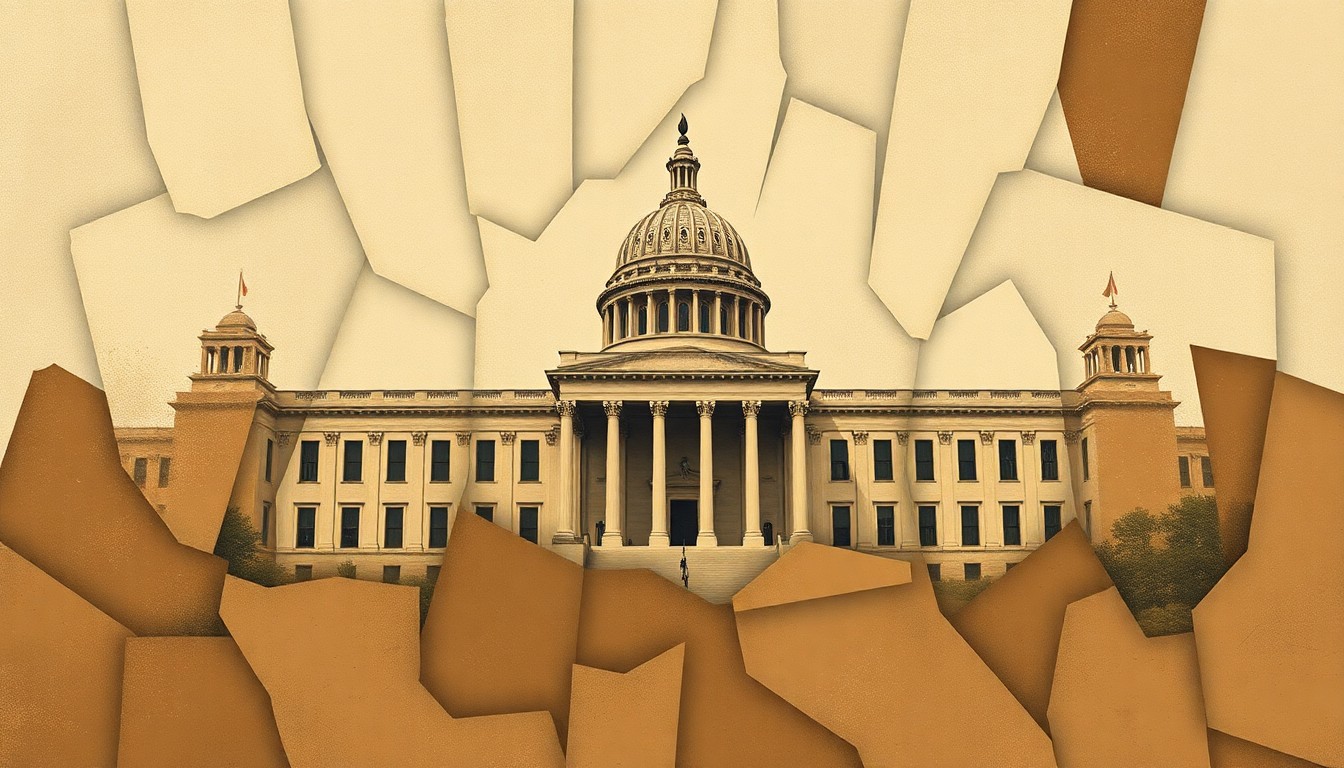 A fragmented, abstract painting depicting the crumbling of a political institution, with overlapping geometric shapes in muted earth tones, conveying a sense of instability and upheaval in the political landscape.