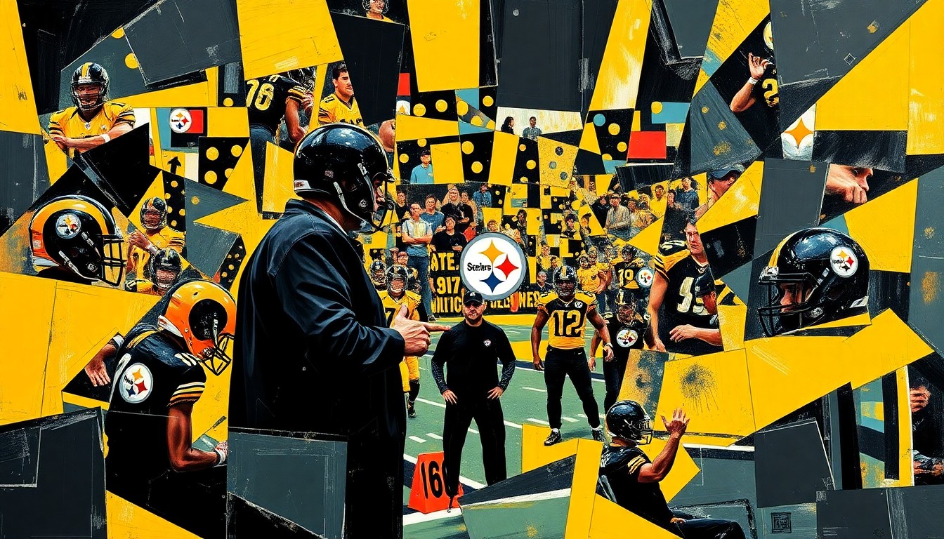 A cubist, geometric painting depicting a fragmented football field and coaching scene, with sharp planes of black, gold, and other vibrant colors representing the energy and strategy of the sport.