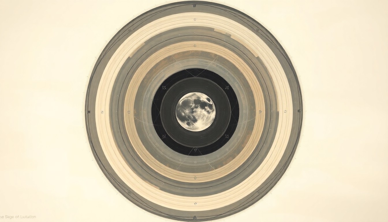 A bold, abstract painting featuring sweeping geometric shapes and intersecting waveforms in earthy tones, conceptually representing the Artemis II spacecraft's journey to the Moon and back, conveying the structural order and beauty of space exploration.