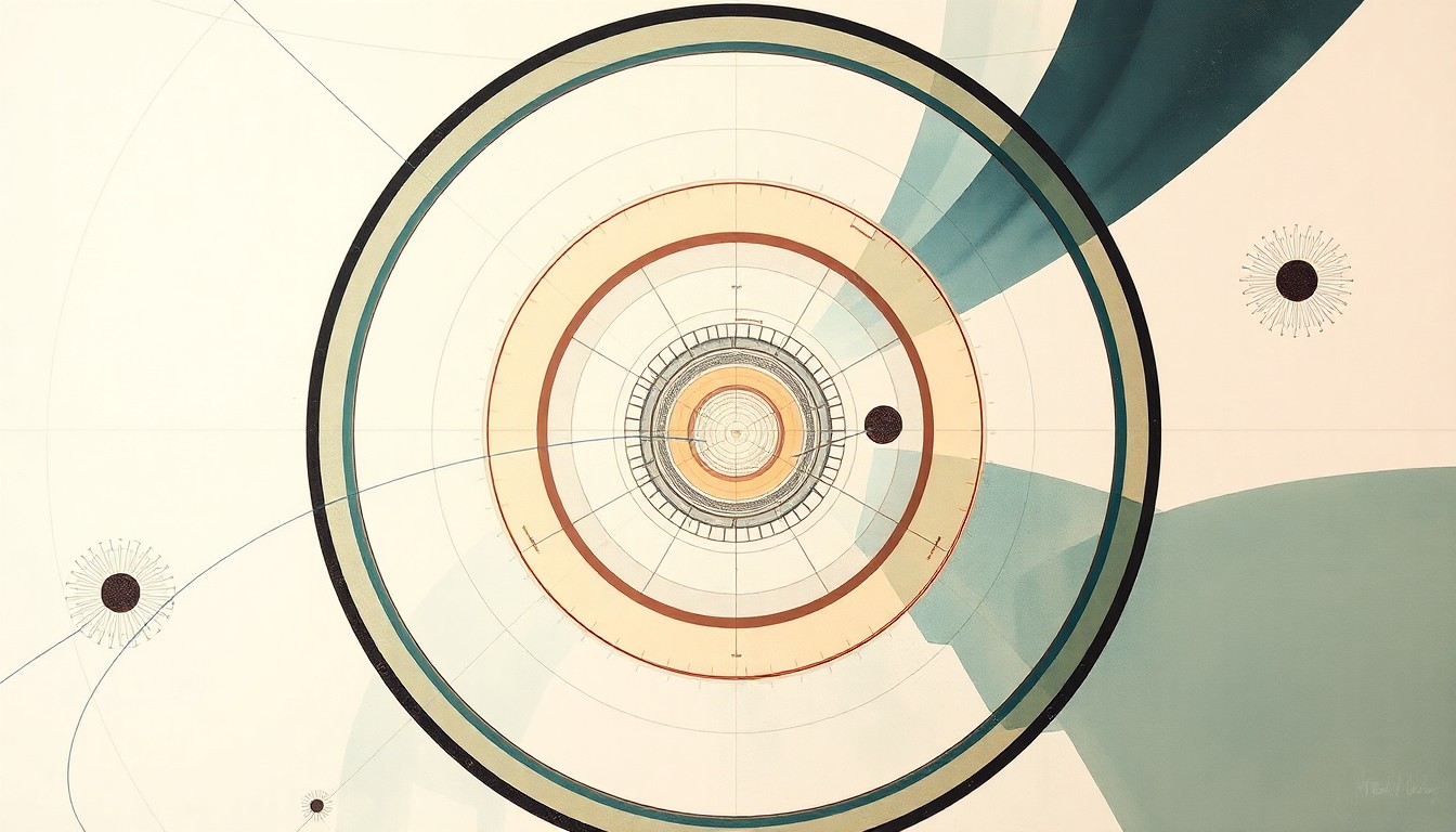 A highly abstract, geometric painting in soft blues, greens, and grays, depicting the complex structure and assembly of a synthetic bacteriophage through sweeping arcs, concentric circles, and precise botanical spirals, conveying the intricate engineering behind this custom-made virus.