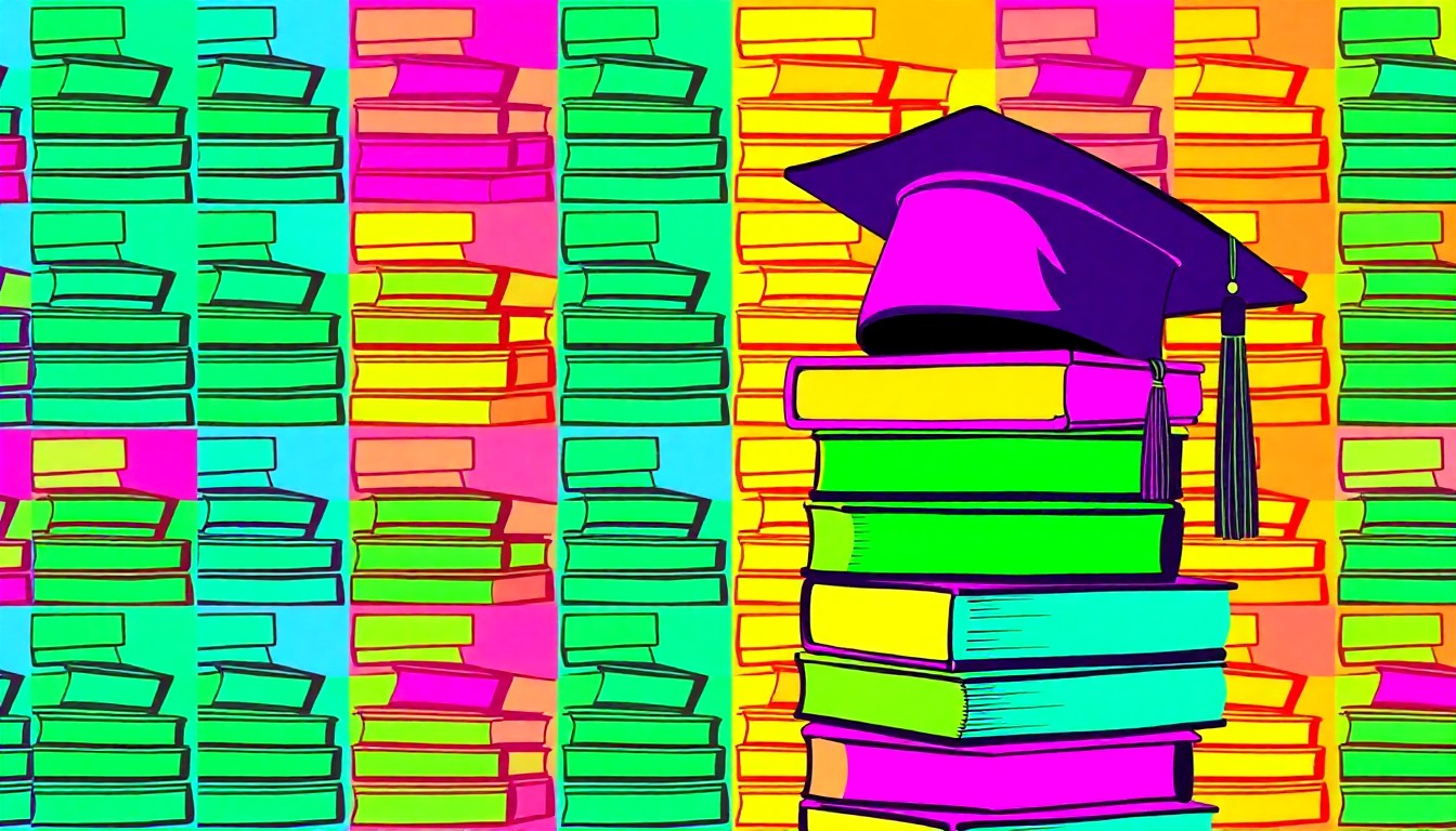 A visually striking, abstract silkscreen print composed of repeating images of college textbooks and graduation caps in a bold, neon color palette, conceptually representing the importance of college preparedness programs for first-generation and multicultural students.