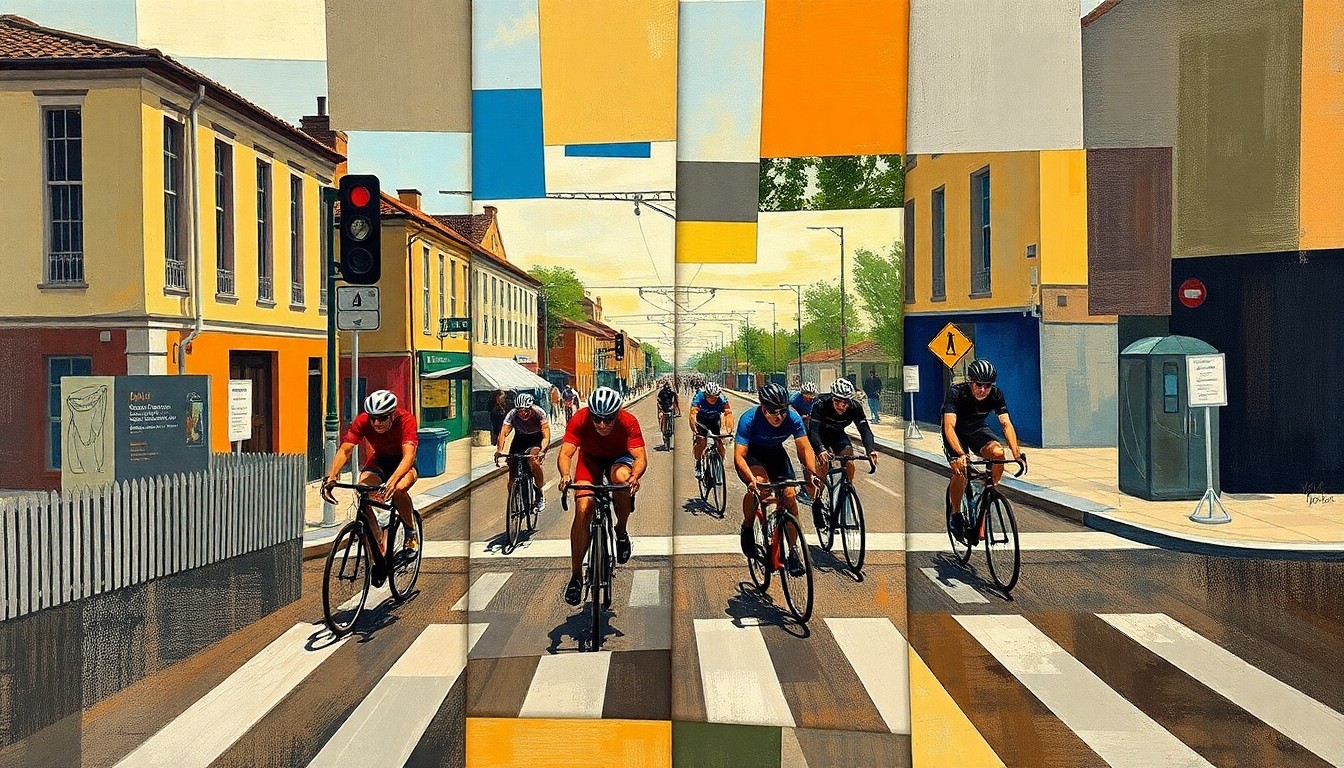 A cubist-style painting depicting a cycling race at a railway crossing, with the scene broken down into sharp, overlapping geometric shapes and planes in a variety of bright colors, conveying the tension and complexity of the situation.