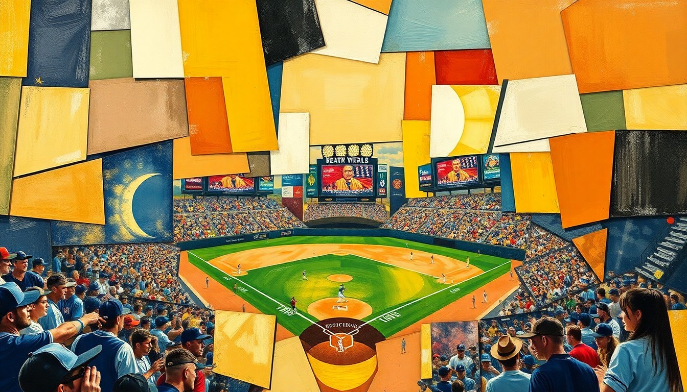 A cubist, geometric painting depicting a baseball game or competition, with players and the field broken down into sharp, overlapping planes of color and shape, conveying the tension and complexity of the Tigers' Rule 5 Draft decisions.
