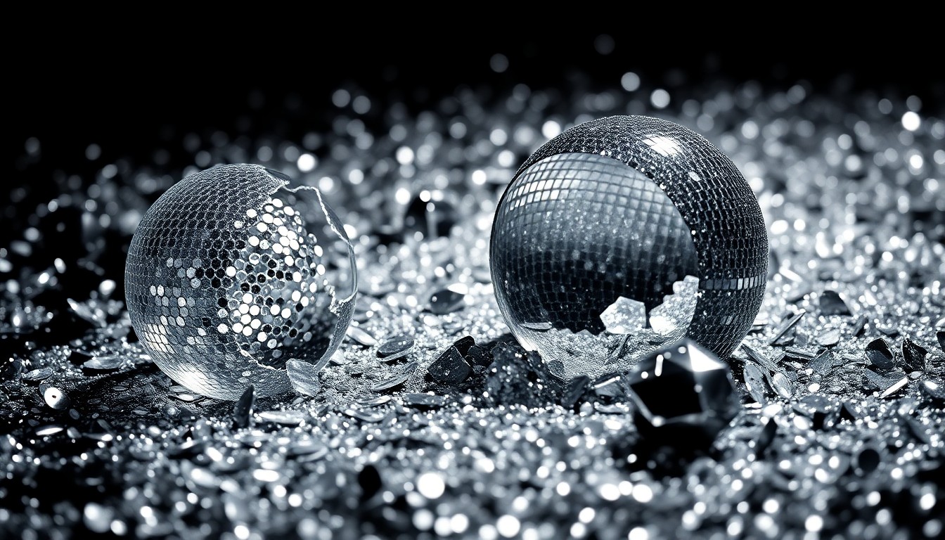 An extreme close-up of shimmering sequins and shattered glass, capturing the high-fashion glamour and energy of a major television event.