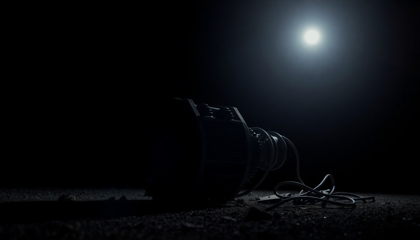 An extreme close-up of a damaged power line transformer on the ground, reflecting a faint red light, conceptually illustrating the disruption caused by the incident on Route 9.