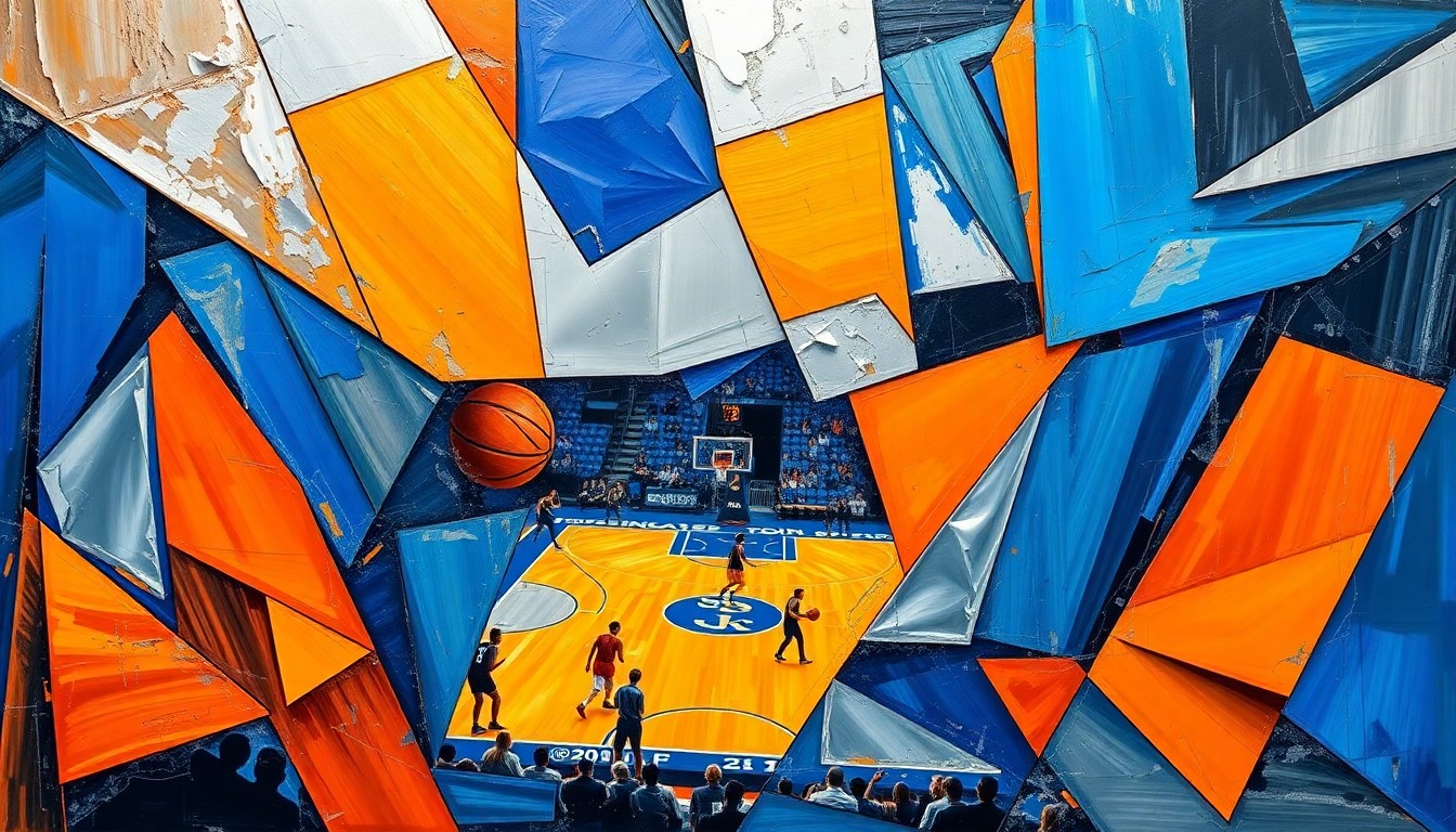 A fractured, cubist-style painting depicting the dynamic movements and energy of a WNBA basketball game, with players and the court broken down into sharp, overlapping geometric shapes and planes of vibrant colors.