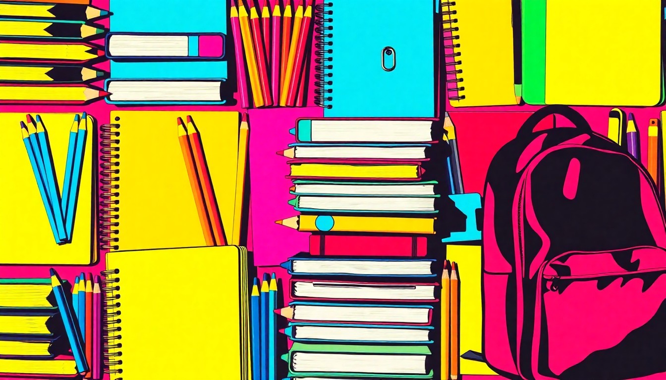 A vibrant, high-contrast silkscreen print featuring a repeating grid of school supplies like pencils, notebooks, and a backpack, rendered in a bold, neon color palette that captures the energy and creativity of the Anchorage school community.