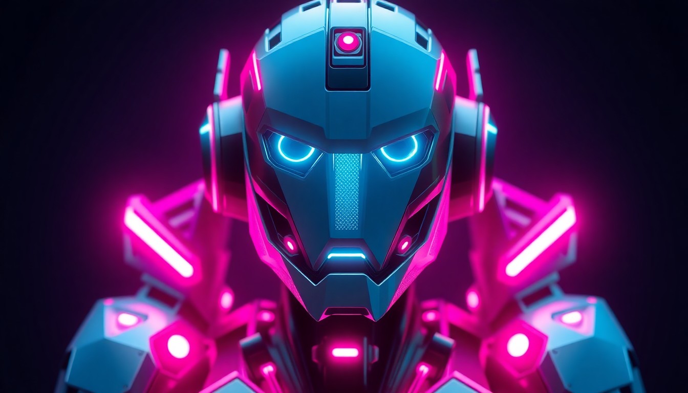 A highly detailed, glowing 3D illustration of a Tesla Optimus humanoid robot in a dynamic pose, with its mechanical components and circuitry illuminated by vibrant neon lights, conveying a sense of technological innovation and power.