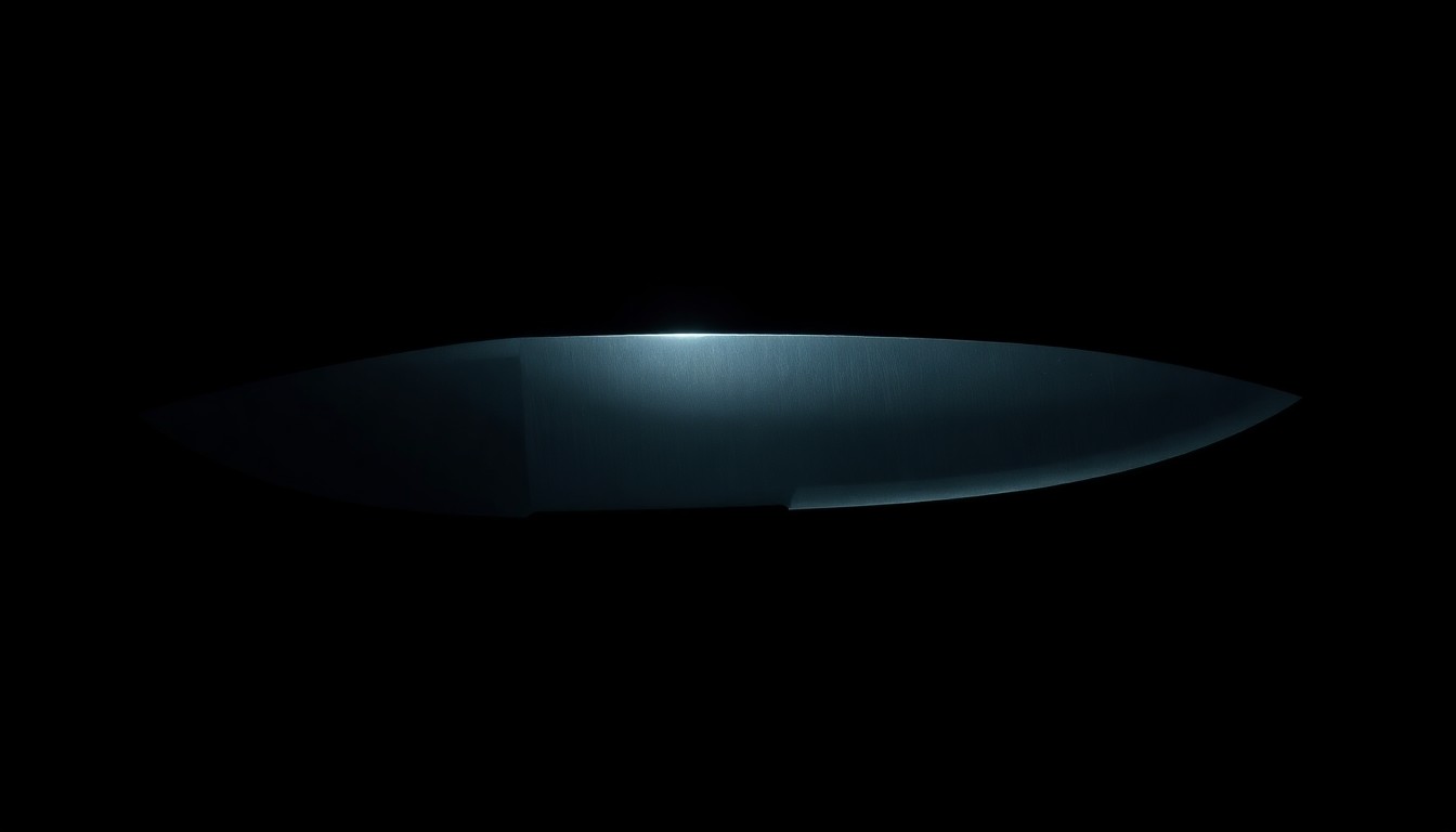 An extreme close-up photograph of a machete blade against a pitch-black background, lit by a harsh, direct camera flash, creating a stark, gritty, investigative aesthetic.