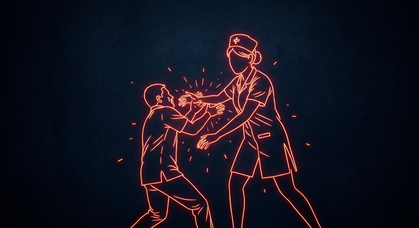 An extreme close-up of a glowing, neon outline of a nurse being attacked by a patient, set against a dark, moody background. The shapes and lines capture the chaos and violence of the scene, but without any graphic details.