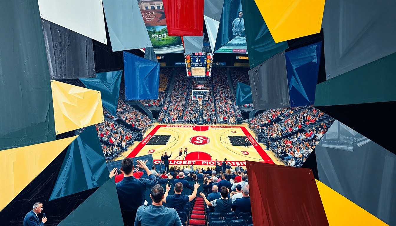 A cubist-style painting depicting a college basketball game, with the players and court broken down into sharp, overlapping geometric shapes and planes in vibrant colors, capturing the dynamic and unpredictable nature of the game.