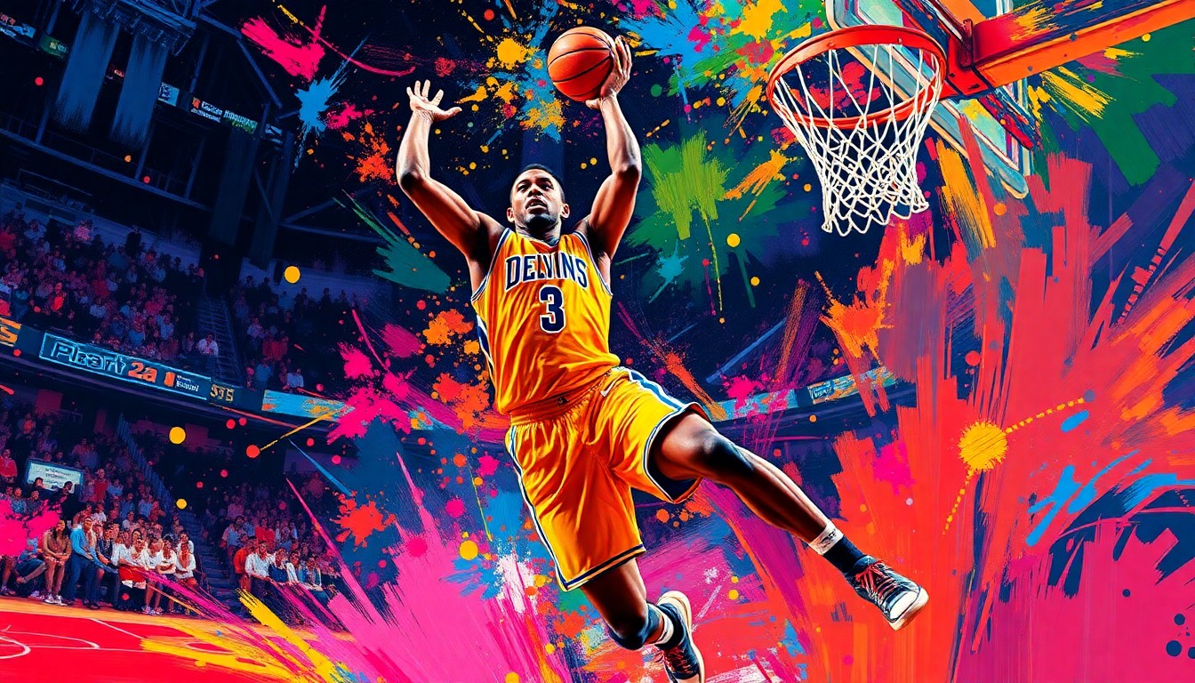 An abstract, expressionist painting in vibrant neon colors depicting the dynamic movement and energy of a basketball player driving to the hoop, the details of the player and court dissolving into bold, energetic brushstrokes.