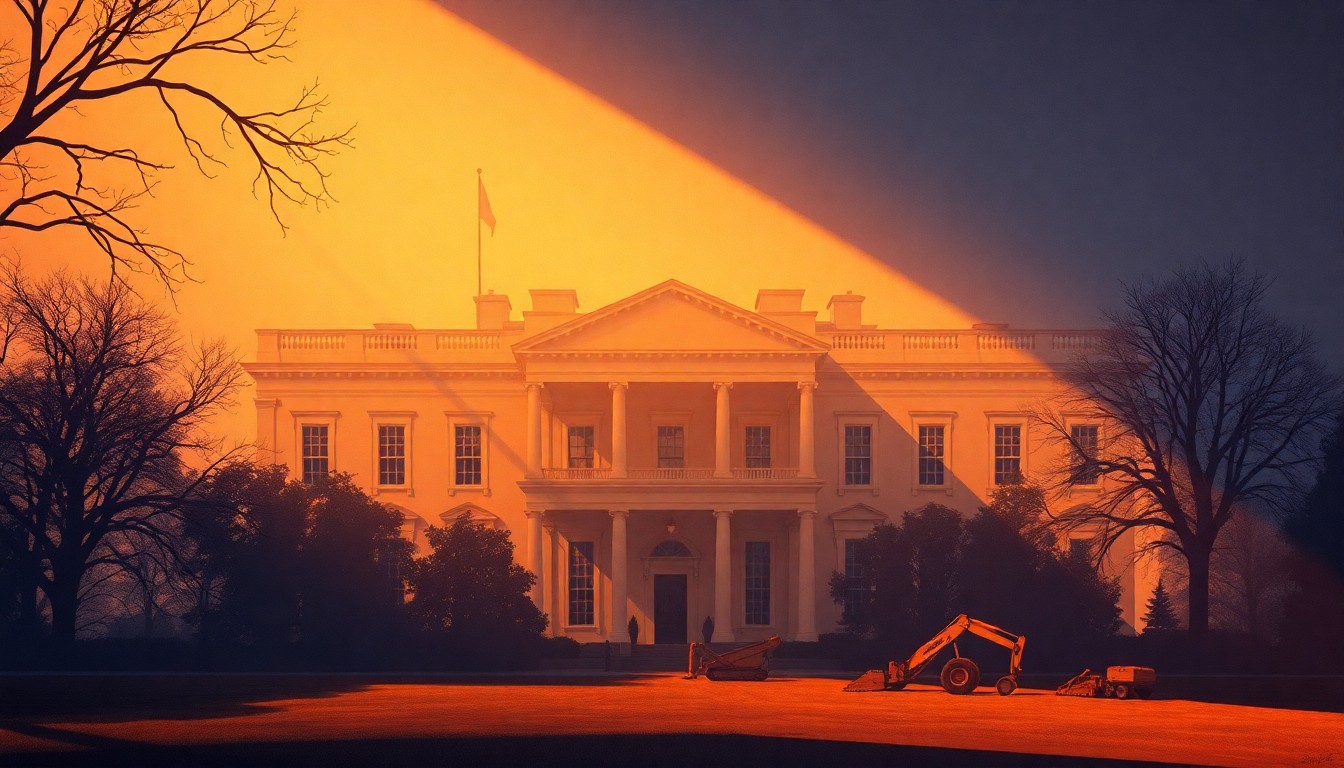 A cinematic painting of the White House's East Wing in warm, golden light, with construction equipment in the foreground hinting at the impending loss of this architecturally significant structure.