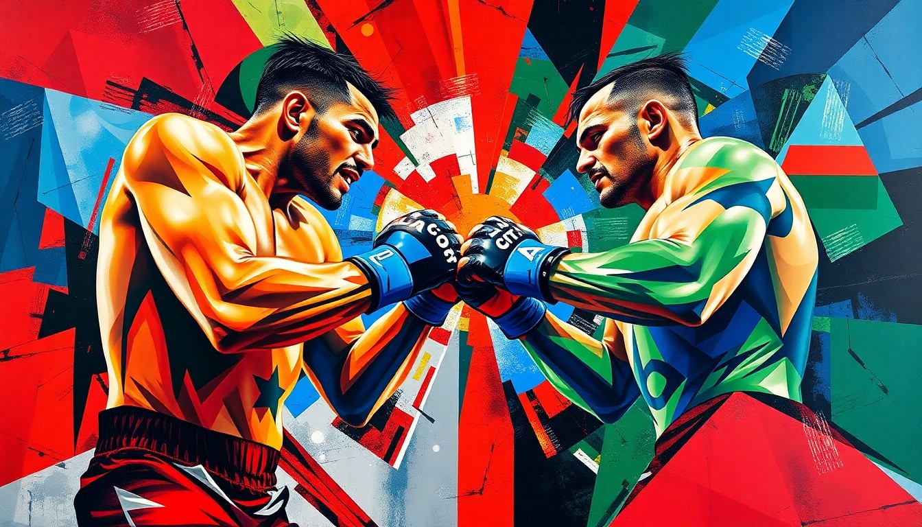 A fractured, multi-perspective painting in vibrant colors, depicting the intense action and strategic elements of an MMA fight between two fighters, conceptually representing the technical and tactical battle at the heart of the UFC middleweight title fight.