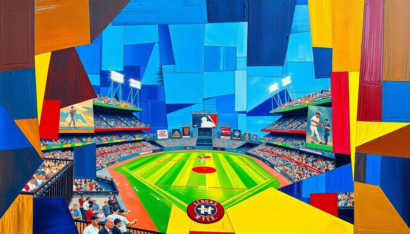 A cubist, geometric painting depicting a baseball game or match, with sharp, overlapping planes of color and form representing the diverse talents and potential of the Athletics' top prospects.