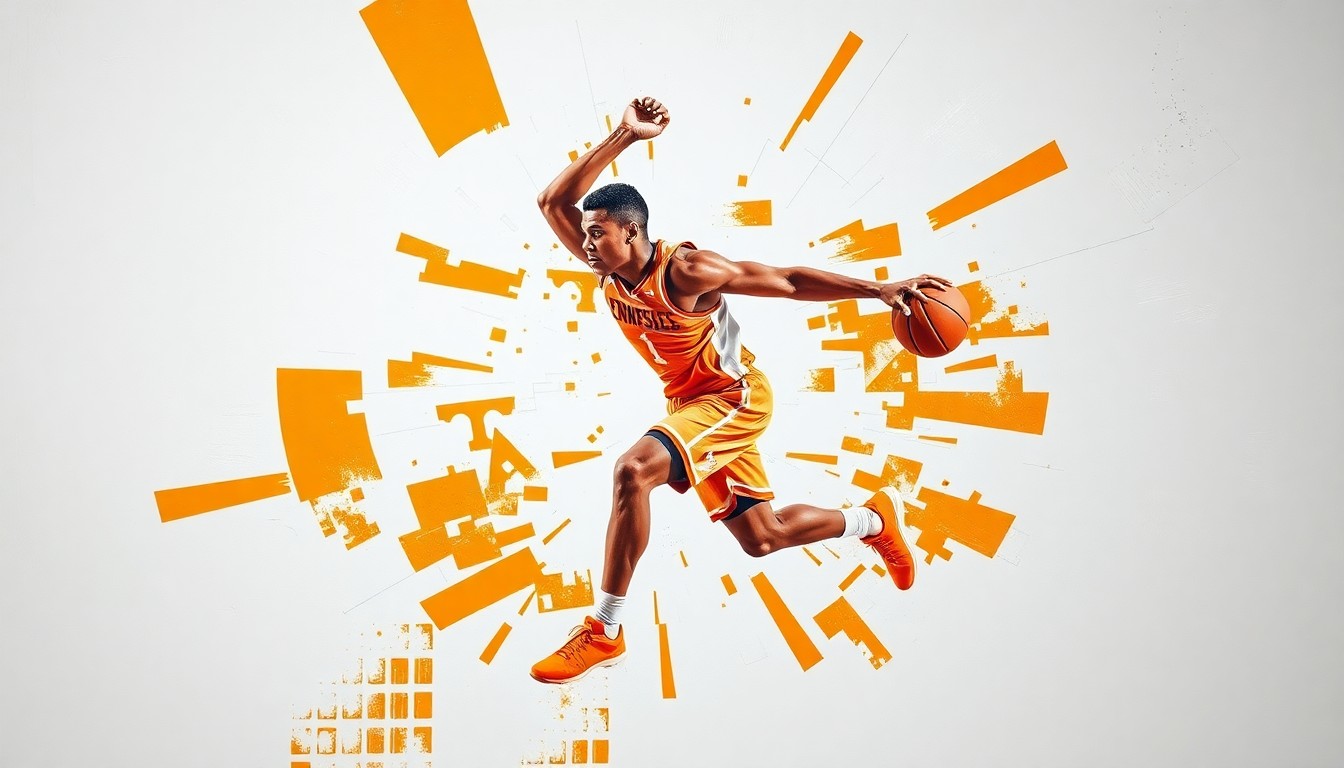 A cubist-style painting depicting a basketball player in motion, with their body broken down into sharp, overlapping geometric shapes in vibrant orange and white tones, representing the dynamic scoring ability of the Tennessee transfer.