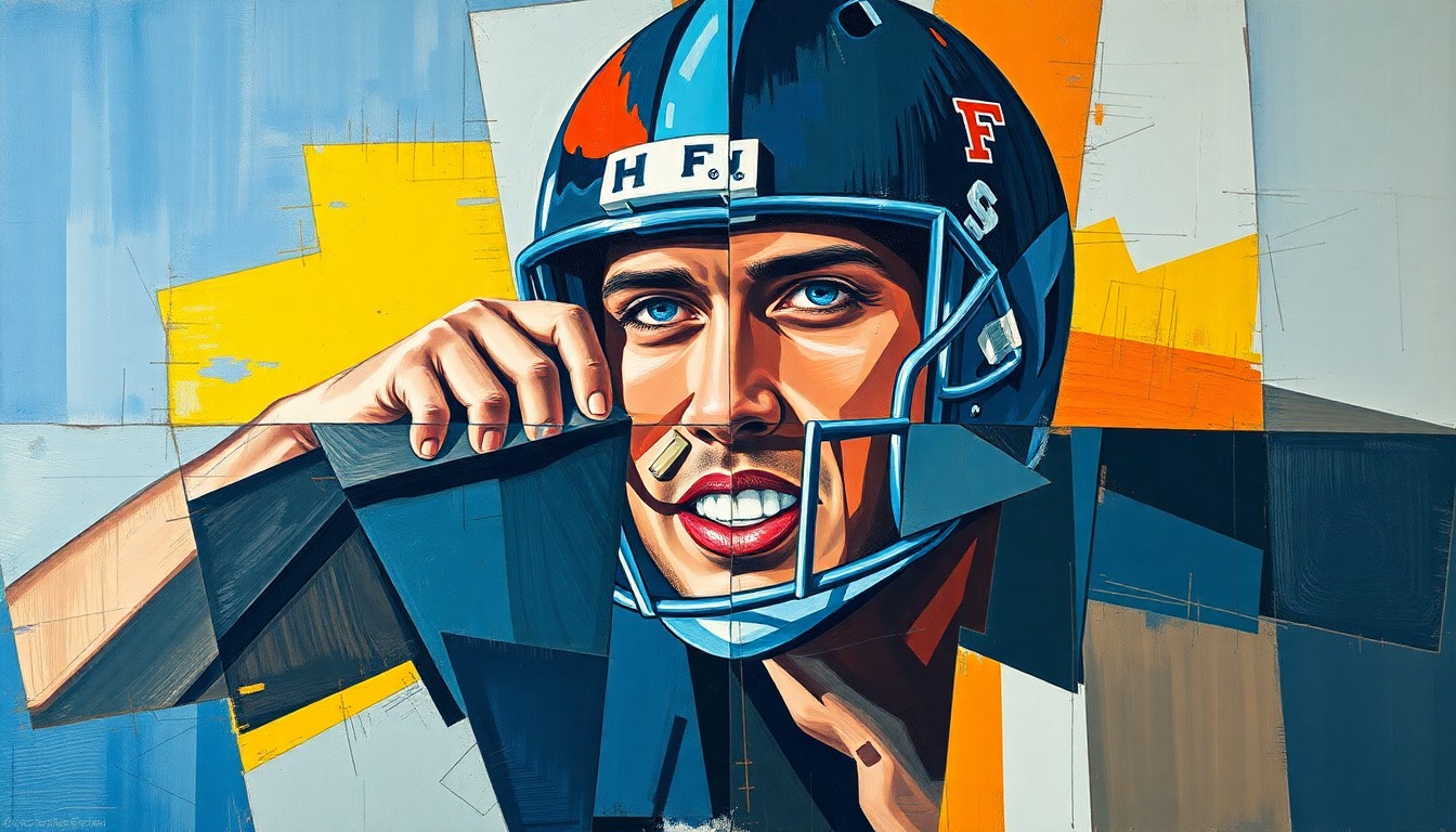 A cubist, geometric painting depicting a college football player's decision to stay or transfer, with sharp, overlapping planes of color and form representing the multifaceted nature of the situation.