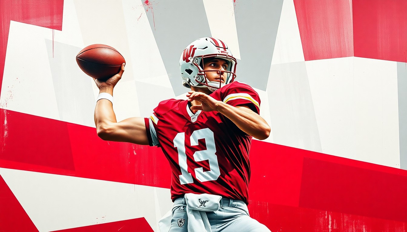 A cubist, geometric painting depicting the throwing motion of a college football quarterback, with sharp, overlapping planes of crimson red, white, and gray, capturing the dynamic energy and complexity of the quarterback competition.