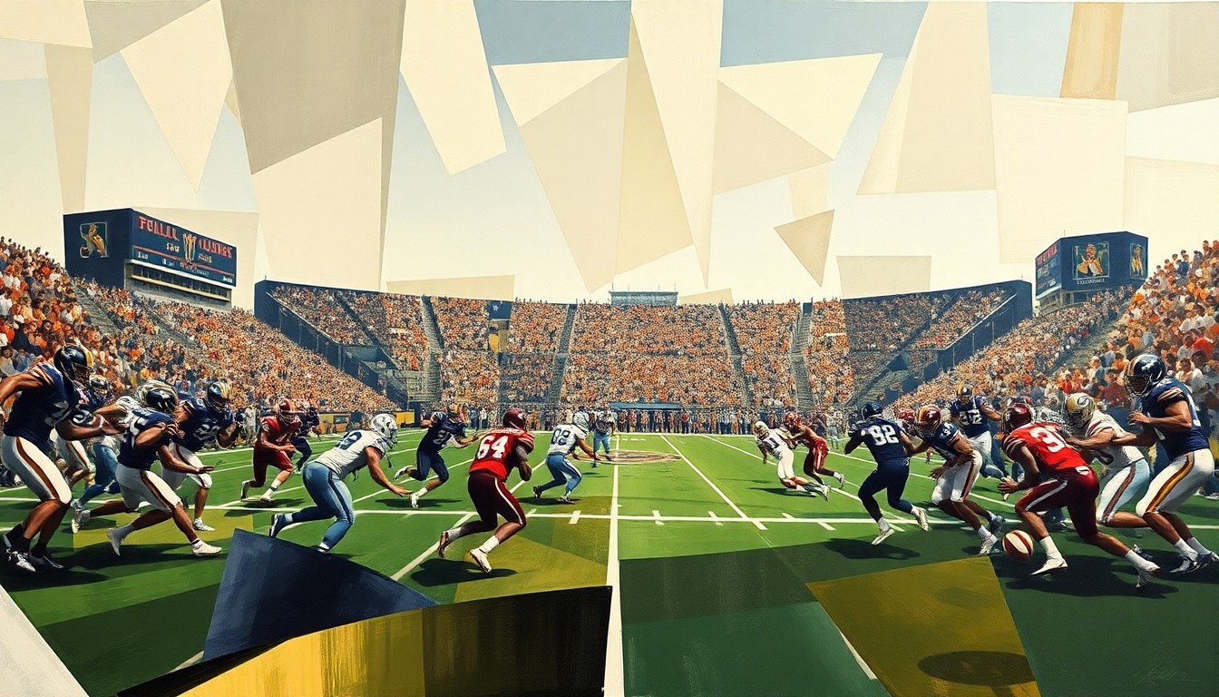 A cubist-style painting depicting a fragmented, geometric interpretation of a college football game, with players and the field broken down into overlapping angular shapes and planes, conveying the raw energy and motion of the sport.
