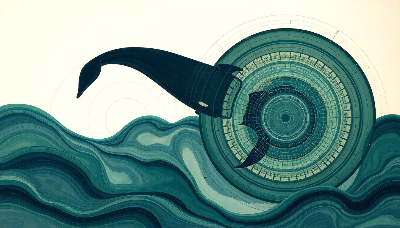 An abstract painting in muted shades of green, blue, and gray, featuring sweeping geometric arcs, concentric circles, and precise organic spirals, conceptually representing the complex migratory patterns and interconnected marine habitats of killer whales.