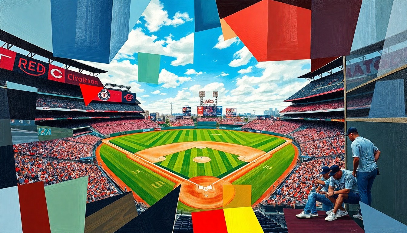 A fractured, geometric painting depicting a baseball game in motion, with players and field elements broken down into sharp, overlapping shapes and planes, conveying the intensity and unpredictability of the matchup.