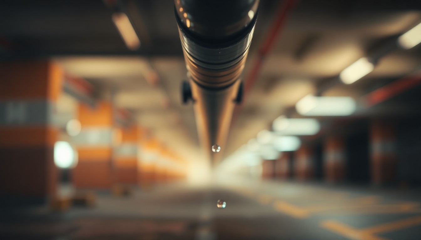 An abstract, out-of-focus photograph of a water pipe in a parking garage, with soft, warm pools of light and color creating a dreamlike, atmospheric scene that conceptually represents the unexpected consequences of a moment of physical strength.