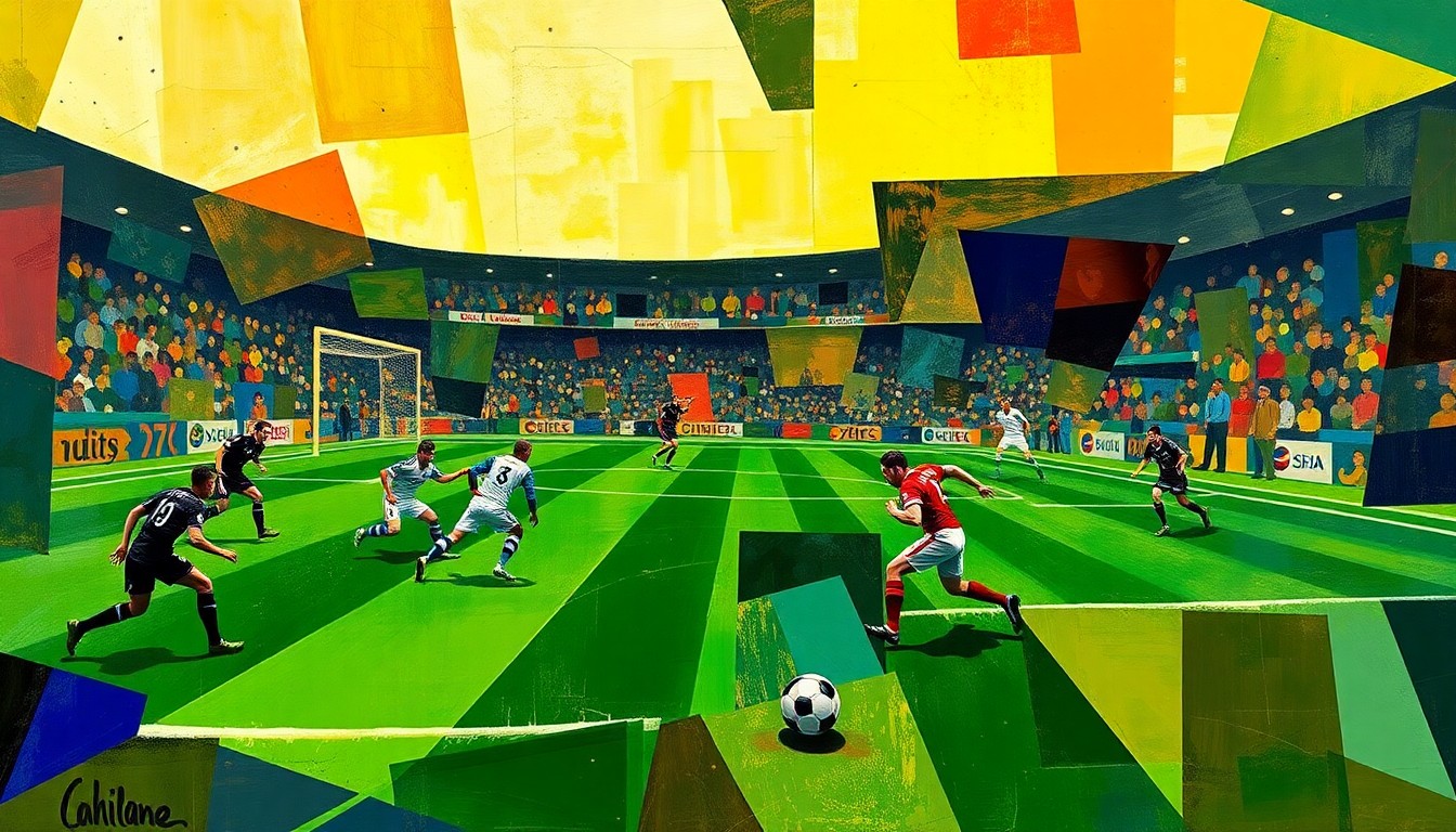 A fractured, cubist-style painting depicting the dynamic energy and motion of a football game, with players and the field reduced to abstract geometric shapes and planes of color.