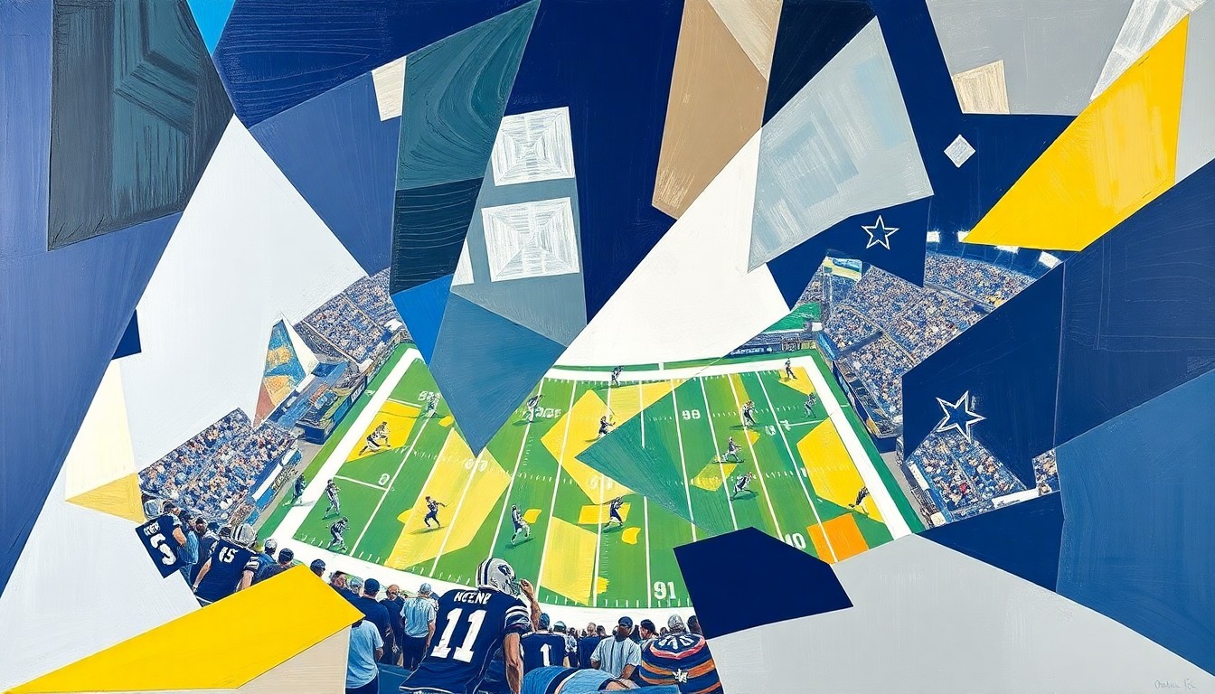 A fractured, multi-perspective painting featuring sharp, overlapping geometric planes in the official colors of the Dallas Cowboys, conceptually representing the team's efforts to rebuild their dynasty.